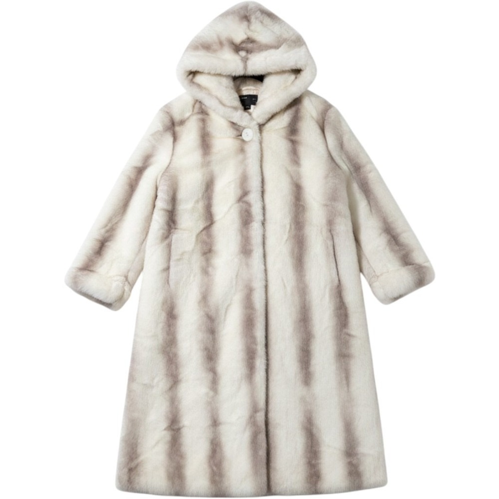 Dennis Basso Maxi Faux Fur Coat 3X Ivory Grey Striped Hooded Luxury Glam